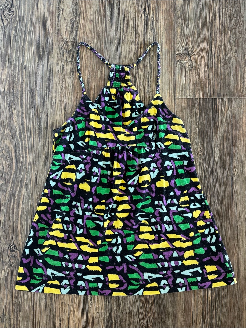 NY Classics Racerback Tank Top L Black Purple Yellow Green Geometric Braid Strap